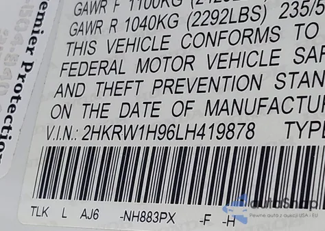 2020 Honda Cr-V 2Wd Touring z USA, uszkodzony, nr VIN 2HKRW1H96LH419878